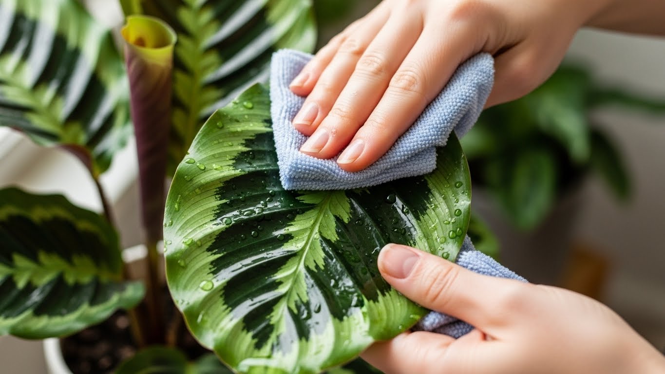 Person cleaning Calathea leaf with a cloth, showing care in plant maintenance.