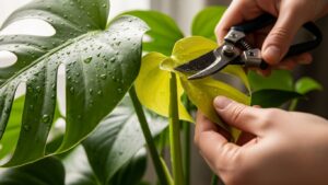 Pruning Monstera plant leaf for health and shape