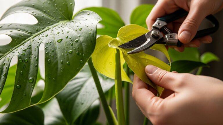 Pruning Monstera plant leaf for health and shape