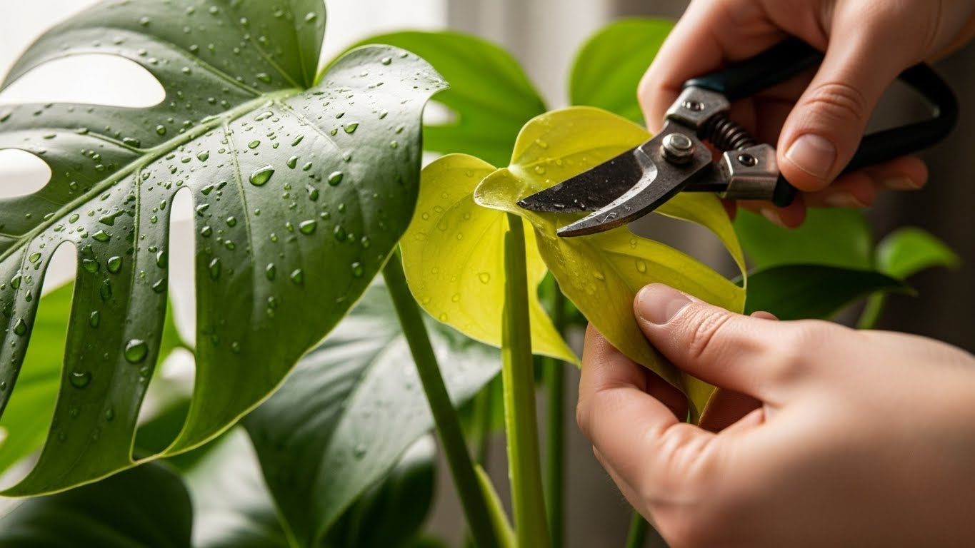 Pruning Monstera plant leaf for health and shape