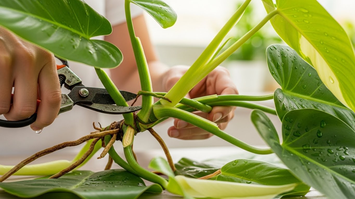 Person pruning philodendron plant for fuller growth with sharp shears