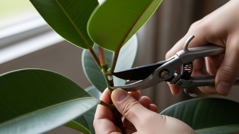 Hands pruning rubber plant with scissors for better shape