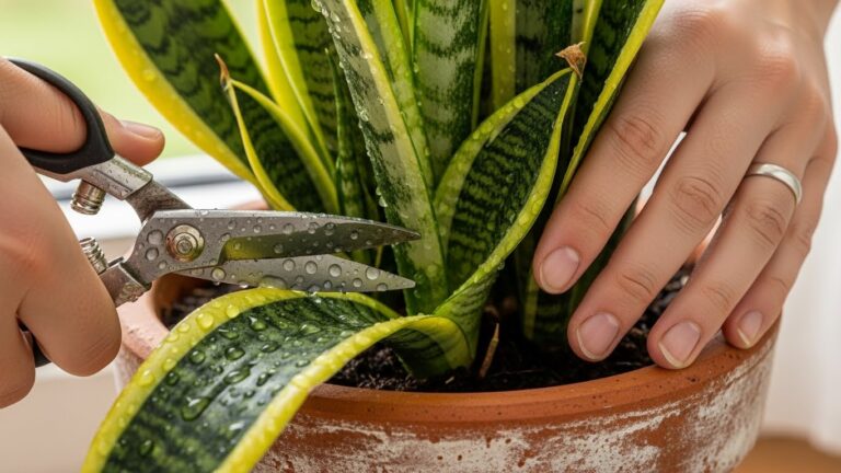Pruning snake plant for neat appearance with garden shears