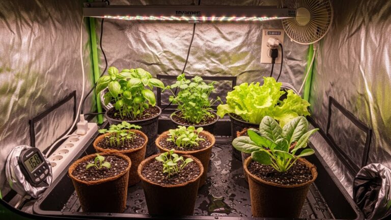 Indoor garden with grow lights and potted plants reading light intensity in lux