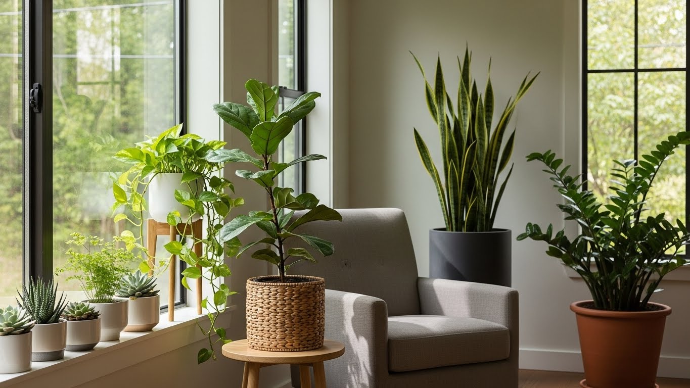 Bright apartment corner with various indoor plants and natural light