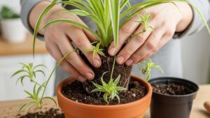 Hands repotting a spider plant into an orange clay pot with fresh soil.
