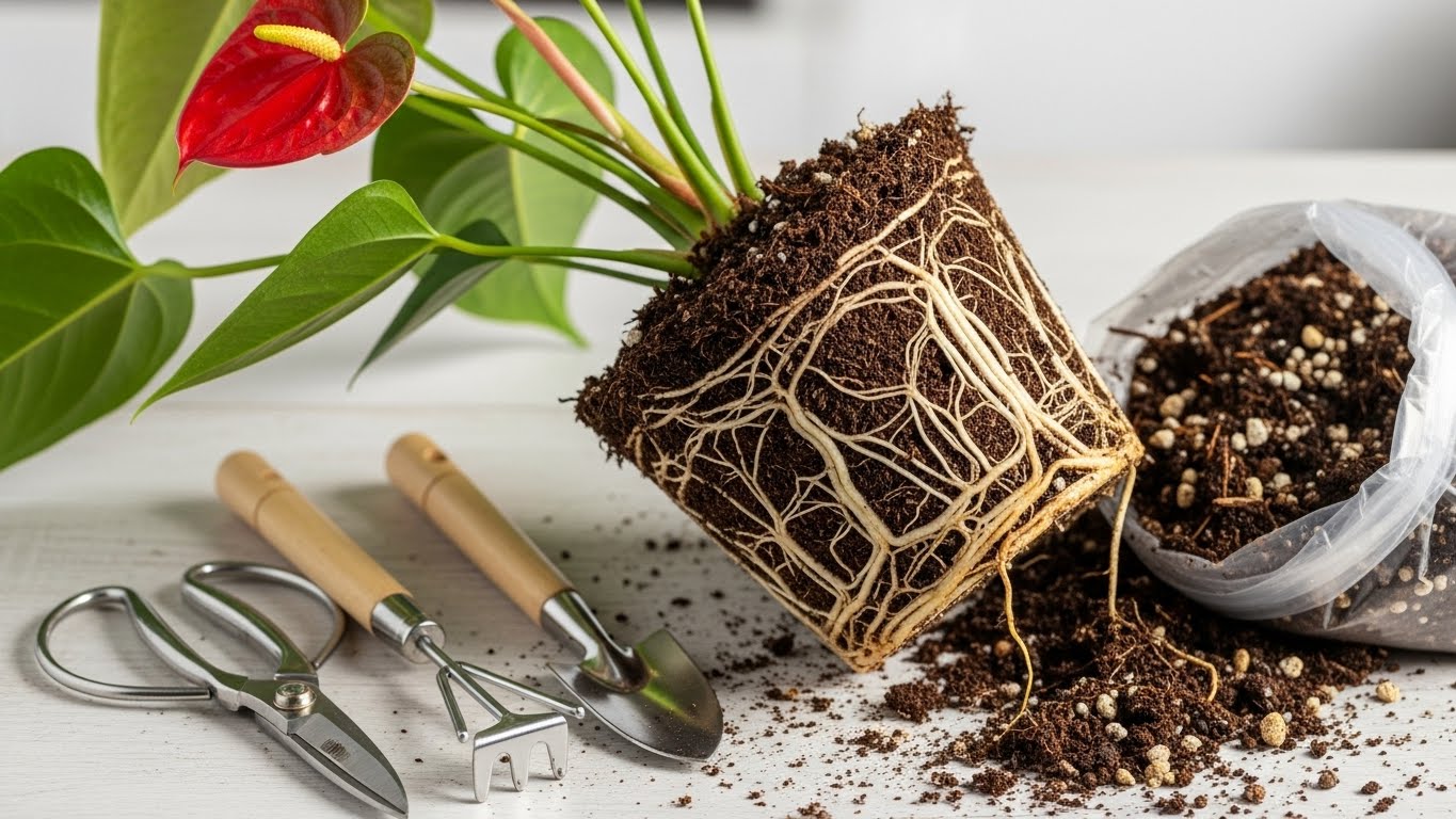 Repotting an anthurium plant with visible healthy roots and soil.