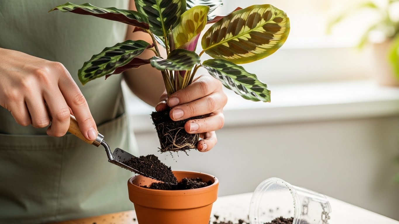 Person repotting a Calathea plant with fresh soil in a terracotta pot
