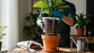 Person repotting a fiddle leaf fig plant into a new pot with fresh soil