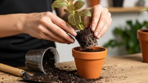 Repotting a Fittonia plant into a clay pot with visible roots and soil.