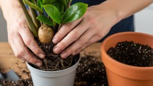Hands repotting a ZZ plant into a larger clay pot with loose soil.
