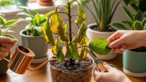 Hands tending to wilted grocery store plant with watering can and scissors.