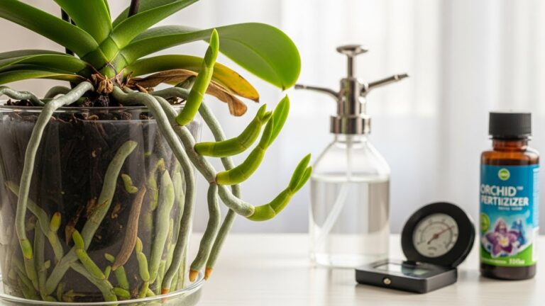 Healthy orchid plant with green roots, fertilizer, and care tools for saving dying orchids.