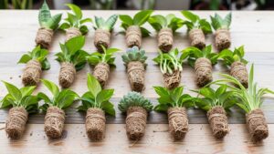 Healthy indoor plant cuttings with exposed roots on wooden table