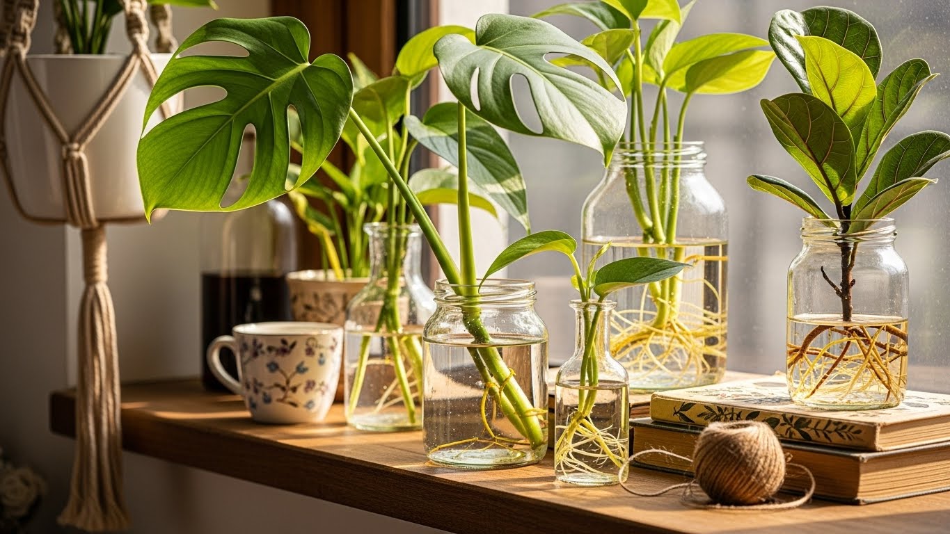 Plant cuttings in glass jars on windowsill for online selling