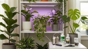 Indoor plants under LED grow light for faster growth