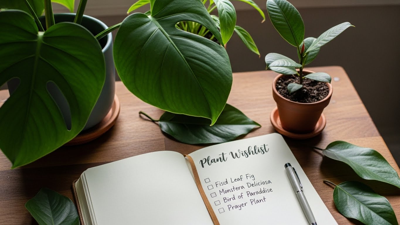Open notebook with plant wishlist surrounded by indoor plants on a wooden table.
