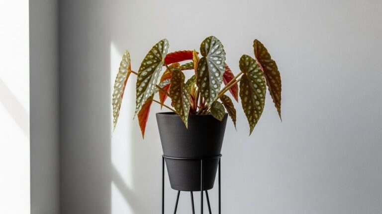 Stylish begonia plant in modern planter against a neutral wall