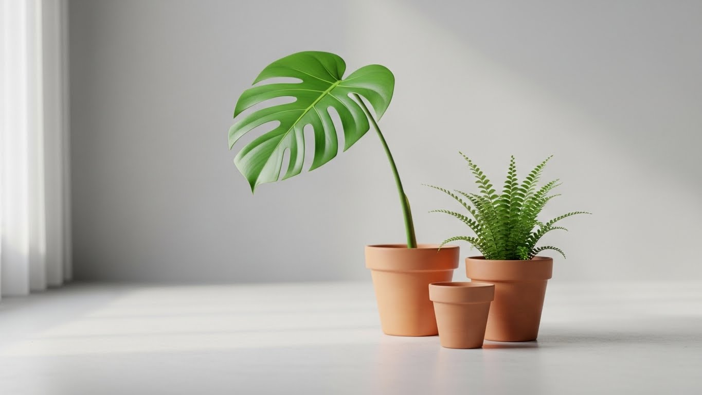 Stylish terracotta pots with monstera and fern on a minimalist background