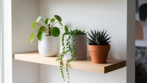 Compact plant trio on a wooden shelf, including pilea, string of pearls, and succulent