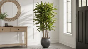 Stylish dracaena plant in modern entryway with natural light
