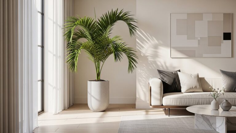 Modern living room with Kentia palm in stylish pot by window