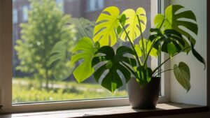Monstera plant in black pot next to a sunlit window