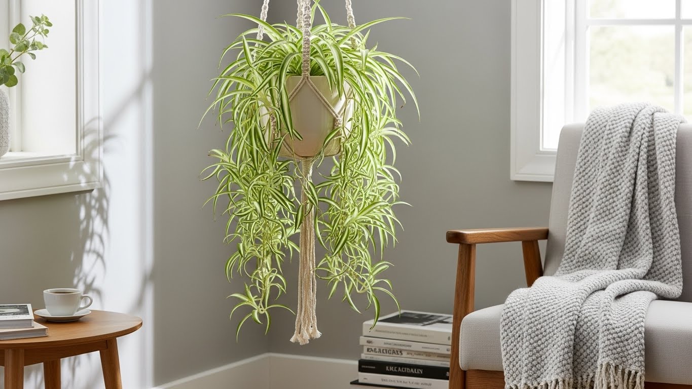 Stylish spider plant in a modern home setting with a macrame hanger