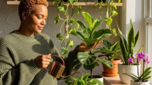 Woman watering and talking to indoor plants by window