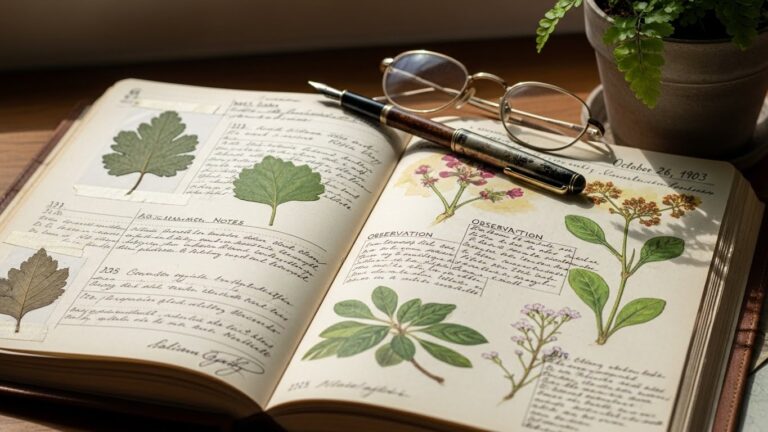 Handwritten plant journal with dried leaves and drawings for tracking growth progress.
