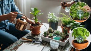 Person watering plants with a checklist for plant care while traveling.