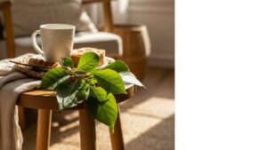 Cozy indoor setup with green leaves and a warm drink on a wooden stool