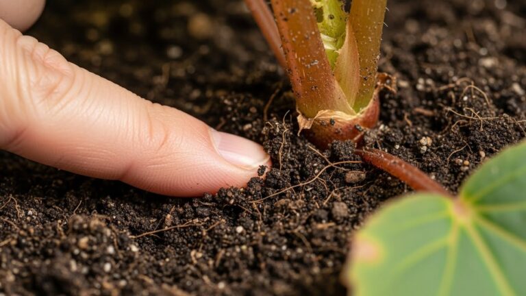 Checking soil moisture for begonias to prevent root rot