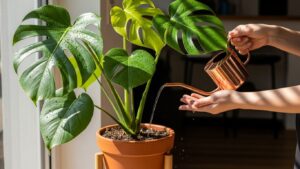 Person watering a Monstera plant with a copper watering can
