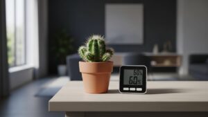 Mini cactus next to a digital hygrometer displaying humidity levels.