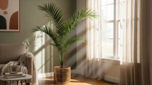 Kentia palm in sunlit room with ideal 72°F temperature displayed