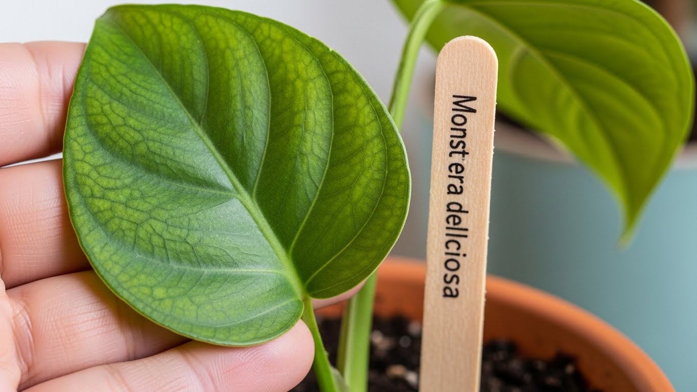 Close-up of Monstera deliciosa leaf with plant label, identifying indoor plant