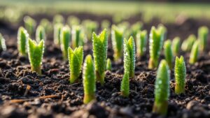 Close-up of fresh green sprouts emerging from soil, symbolizing new plant growth