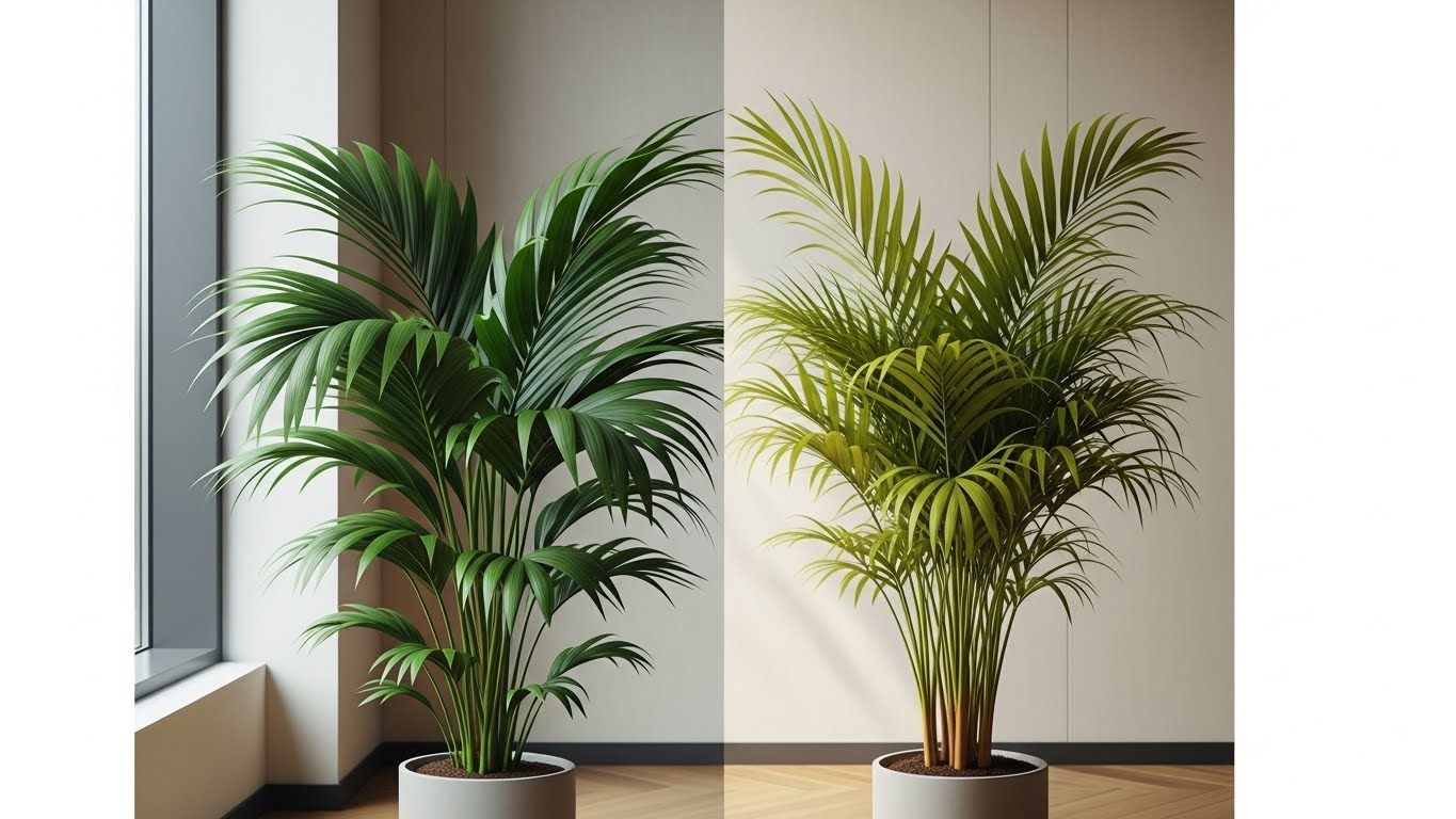 Indoor areca palms in pots near a window for propagation guide