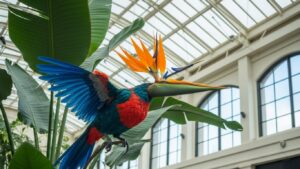 Indoor Bird of Paradise plant with large leaves and colorful structure