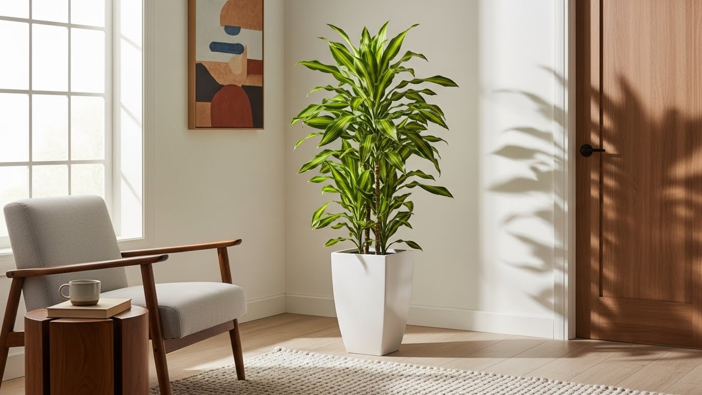 Modern living room with indoor Dracaena plant in white pot by a wooden chair