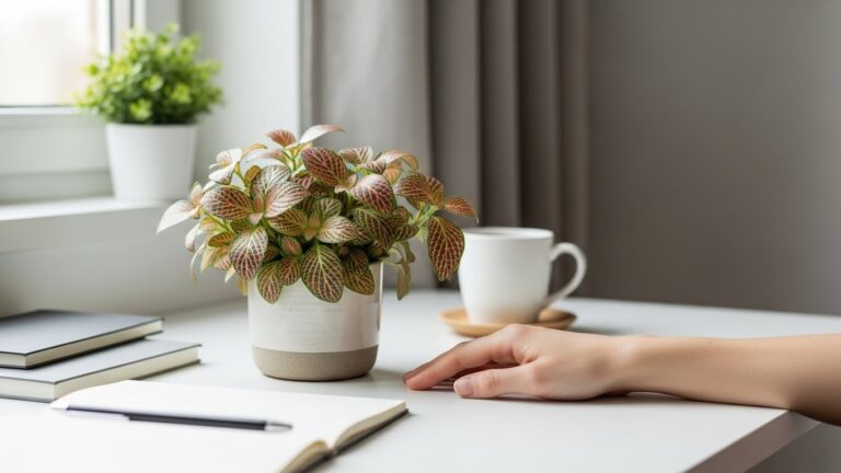 Indoor Fittonia plant in pot placed on a white desk with books and cup