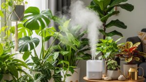 Indoor plants benefiting from a humidifier boosting humidity for optimal growth.