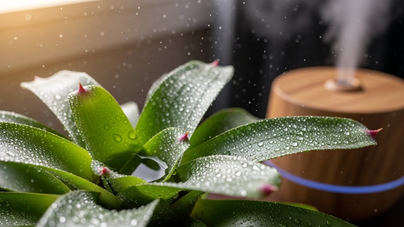 Tropical bromeliad plant with dew droplets in a humid indoor environment