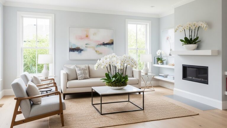 Modern living room with indoor orchids and contemporary decor