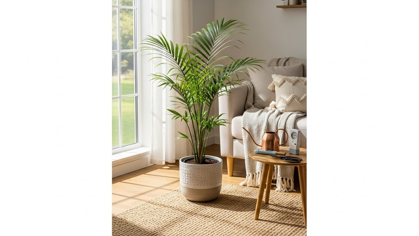 Indoor parlor palm care in a cozy living room setting by a window
