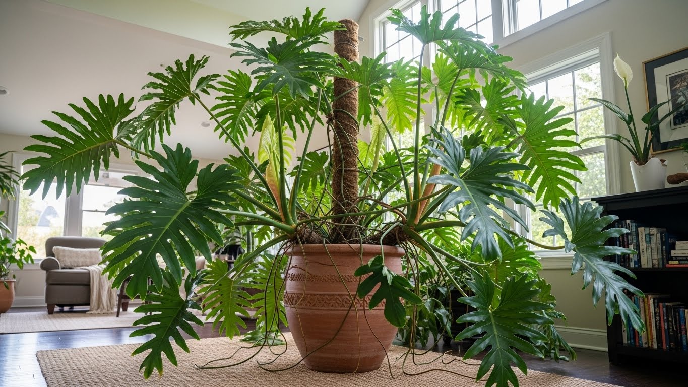 Large philodendron plant in a sunlit room showcasing its growth potential indoors