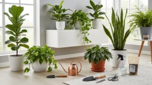 Indoor plants including Fiddle Leaf Fig and Snake Plant in a bright room