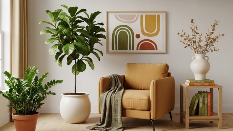 Lush indoor plants complementing modern decor with warm color tones