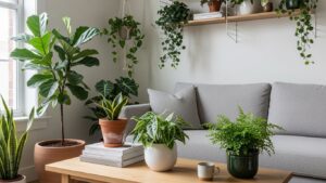 Stylish indoor plants in living room with beige and wood decor
